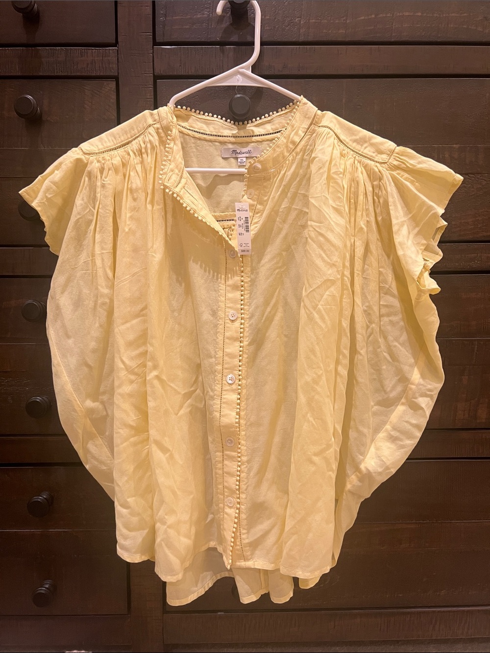 Madewell Pale Yellow Flutter-Sleeve Button Front Blouse